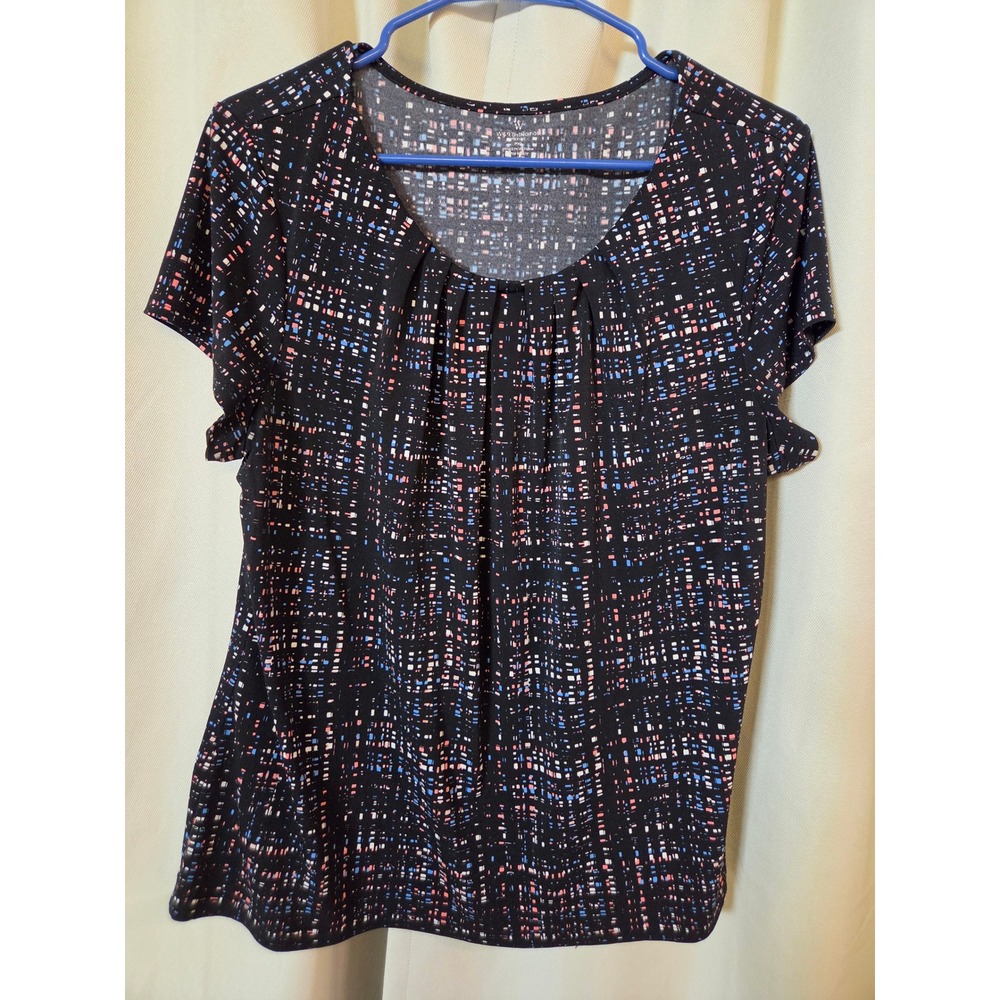 Worthington Petite Black Geometric Pleated Scoop Neck Blouse Top PXL